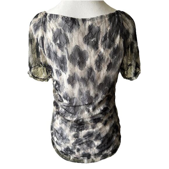 AB Studio Sheer Black Lace Ruched Top Size L Romantic Ruffle Mesh Overlay Goth - Picture 2 of 5